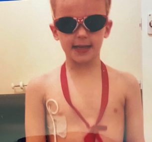 Boy with line and red scarf