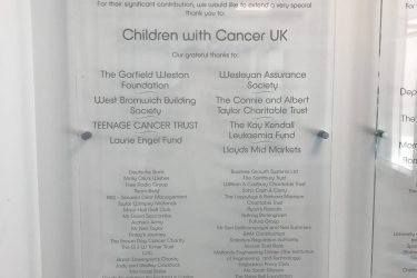 Children with Cancer UK plaque at Birmingham Children's Hospital