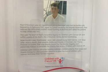 Plaque about Paul O'Gorman at Birmingham Children's Hospital