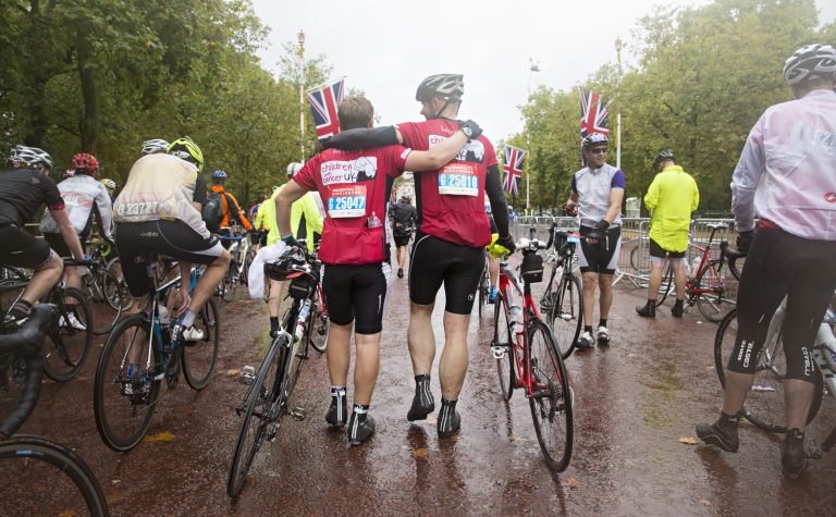 Cyclists after finishing the Prudential ride London 100