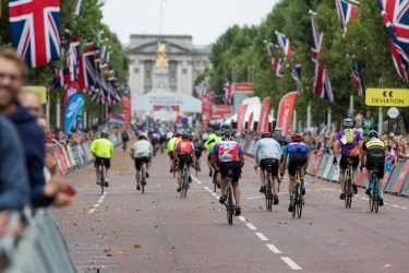 group of cyclists finishing the Ride London charity race