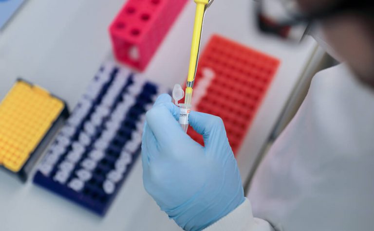 hands with gloves pipetting cells
