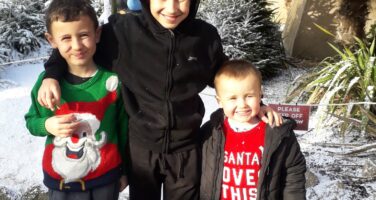 three boys with christmas trees