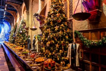 christmas tree at long table at harry potter