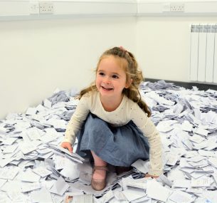 Bella surrounded by Christmas Grand Draw tickets