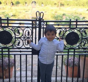 Boy holding on to black gate in gardens