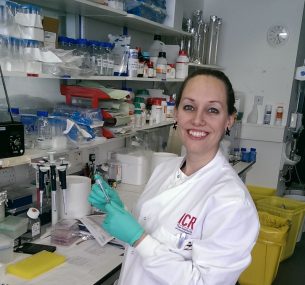 Dr Zoë Walters in the lab conducting rhabdomyosarcoma research.