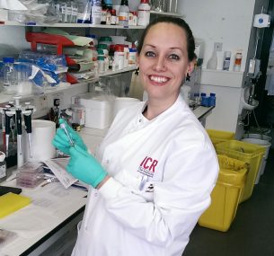 Dr Zoë Walters in the lab conducting rhabdomyosarcoma research.