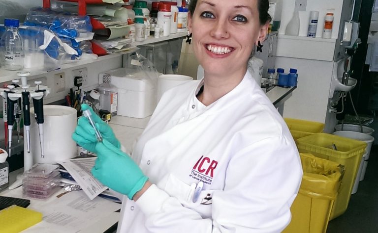 Dr Zoë Walters in the lab conducting rhabdomyosarcoma research.