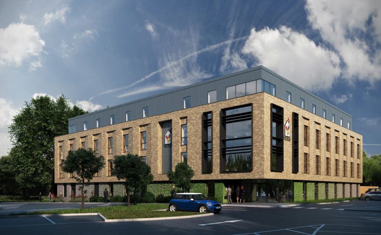 CGI building of ronald mcdonald day room in oxford with a blue mini cooper parked