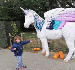 Bridenni standing next to unicorn legoland tickets given to us by Children with Cancer UK