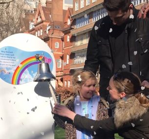 Lily ringing the end of treatment bell on 25 Feb 2022 at Great Omond Street Hospital (2)