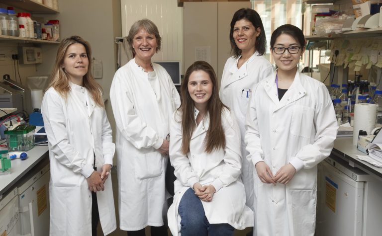 five female researchers wearing white lab coats