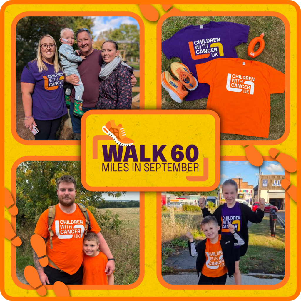 A collage of four photos with previous Walk 60 Miles in September participants posing and smiling. In the middle is the Walk 60 miles in September logo